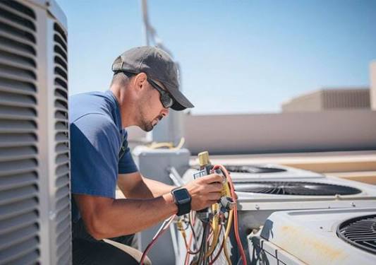 HVAC technician checking gauges on an outdoor residential cooling system